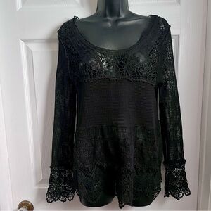 Mesh Top Crochet boho Black embroidery Women Medium long sleeve summer lace